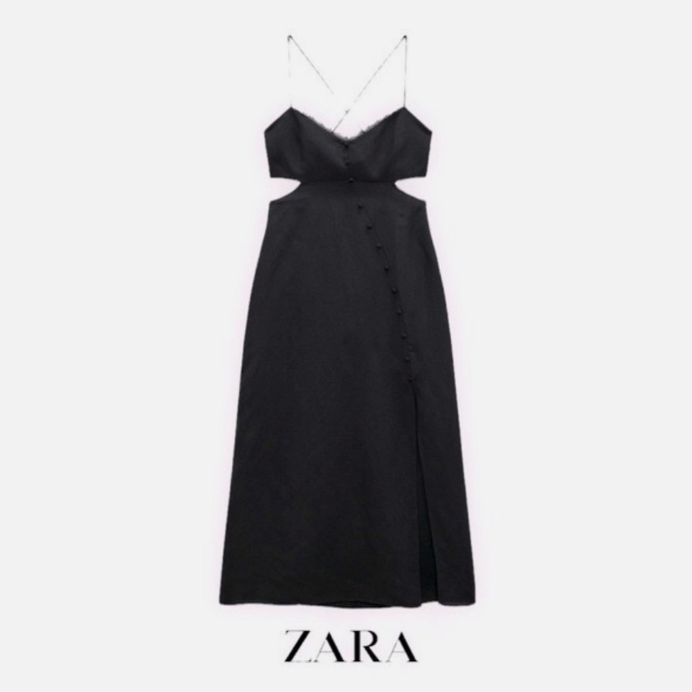 Zara Linen Cut Out Midi Black Dress